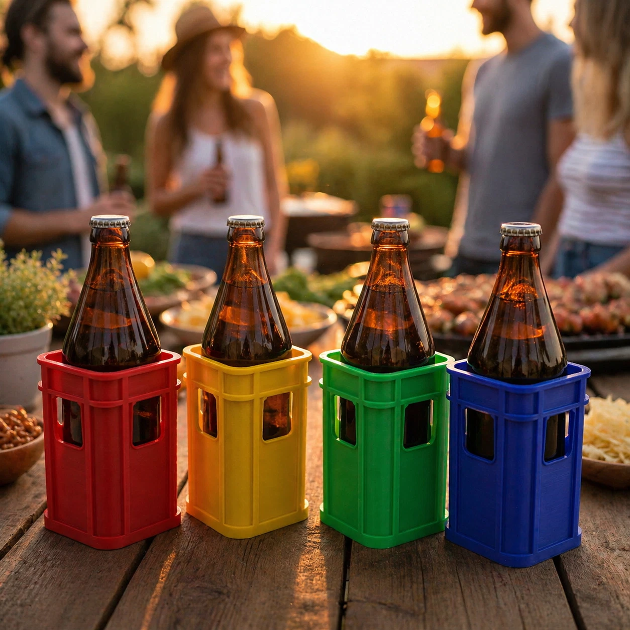 Freunde mit Bierträgern beim Grillen